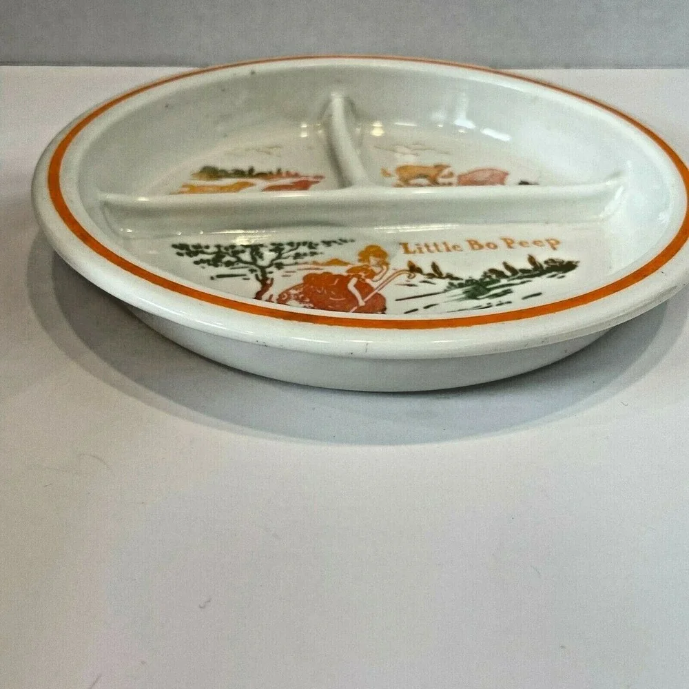 Vintage Fire King Little Bo Peep Ceramic Divided Nursery Rhyme 3 Section Dish 8